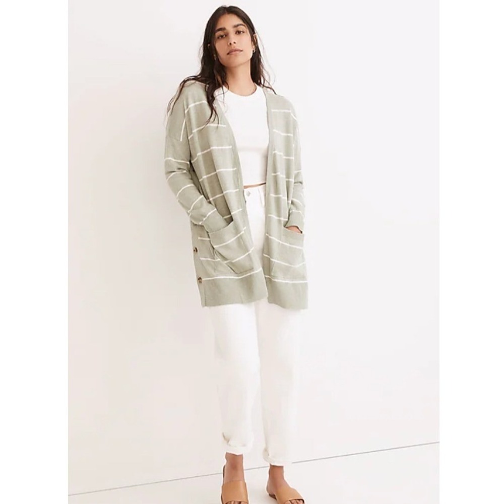 Madewell Marlton Side Button Cardigan Sweater Womens M Green Striped Linen Blend